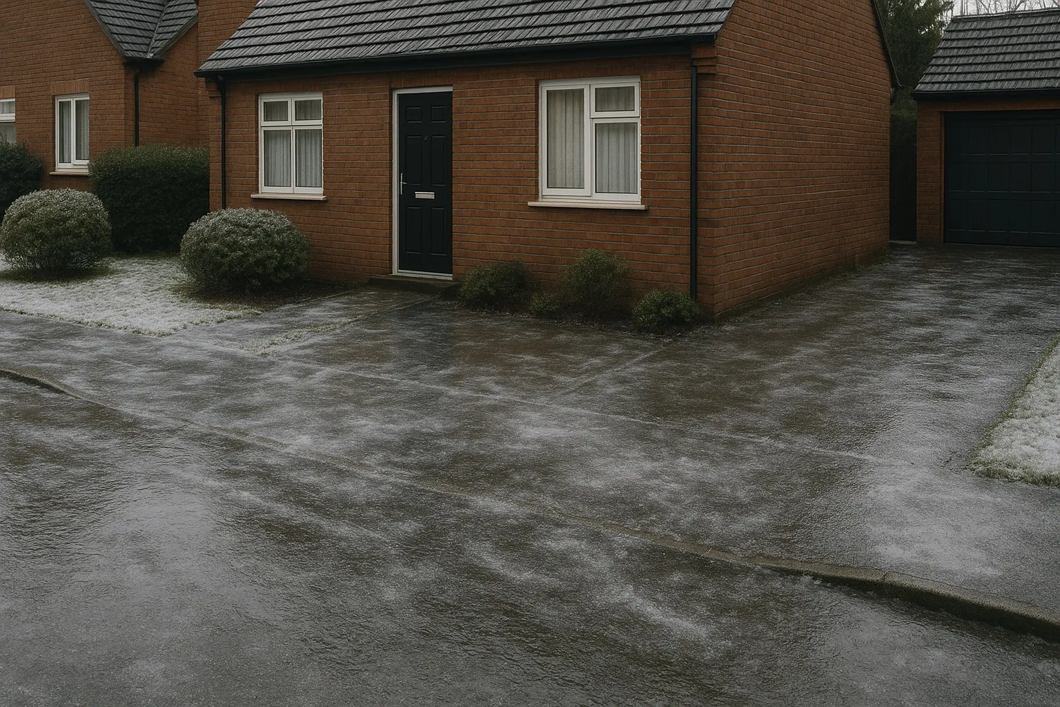 Glad en bevroren stoep of oprit rondom een huis