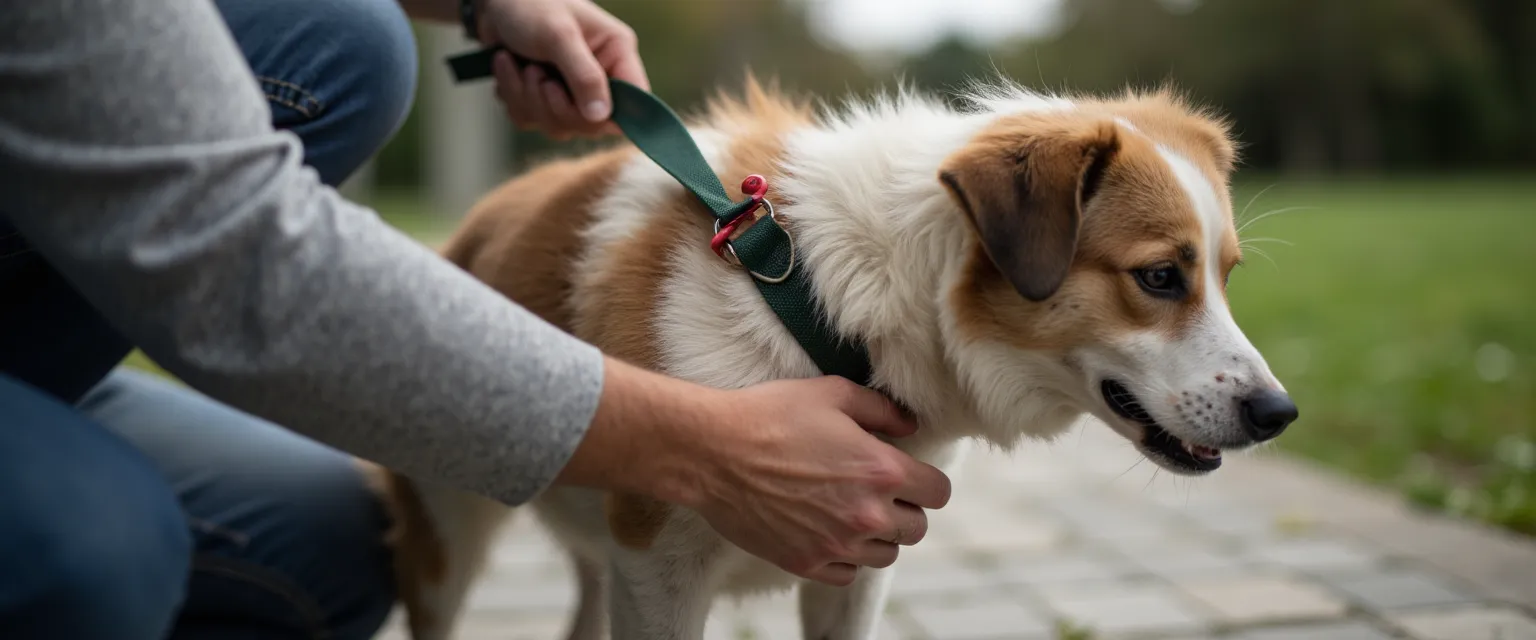 Een eigenaar die voorzichtig het oor van zijn hond controleert bij een vermoedelijke oorontsteking