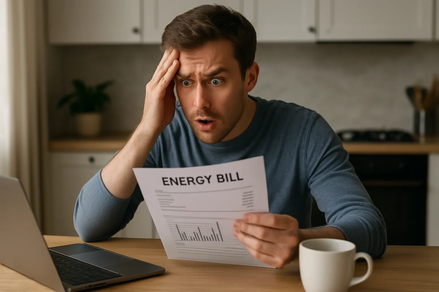 Iemand die schrikt van een hoge energierekening aan de keukentafel