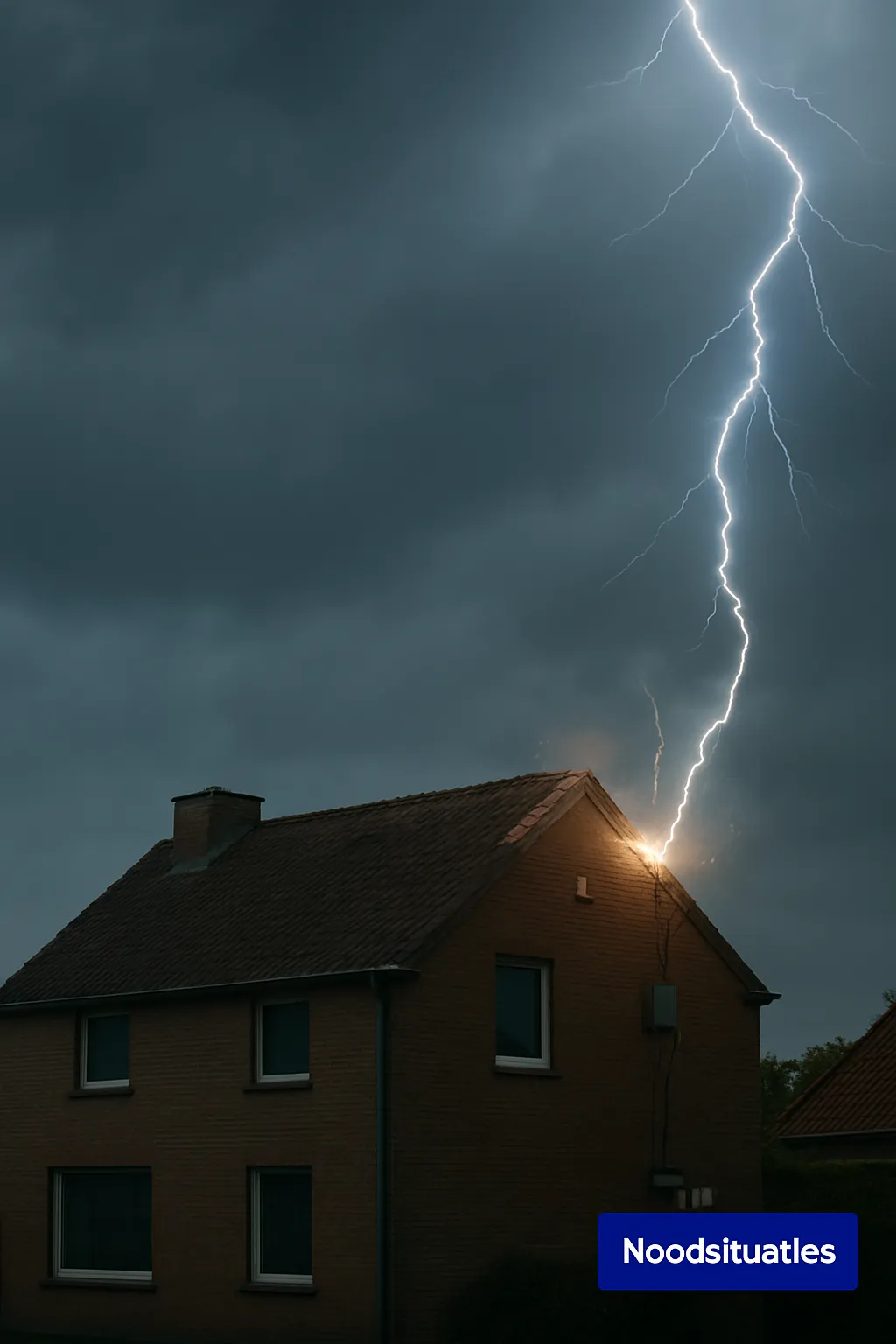 Blikseminslag op een woning met schade aan dak en elektrische installatie