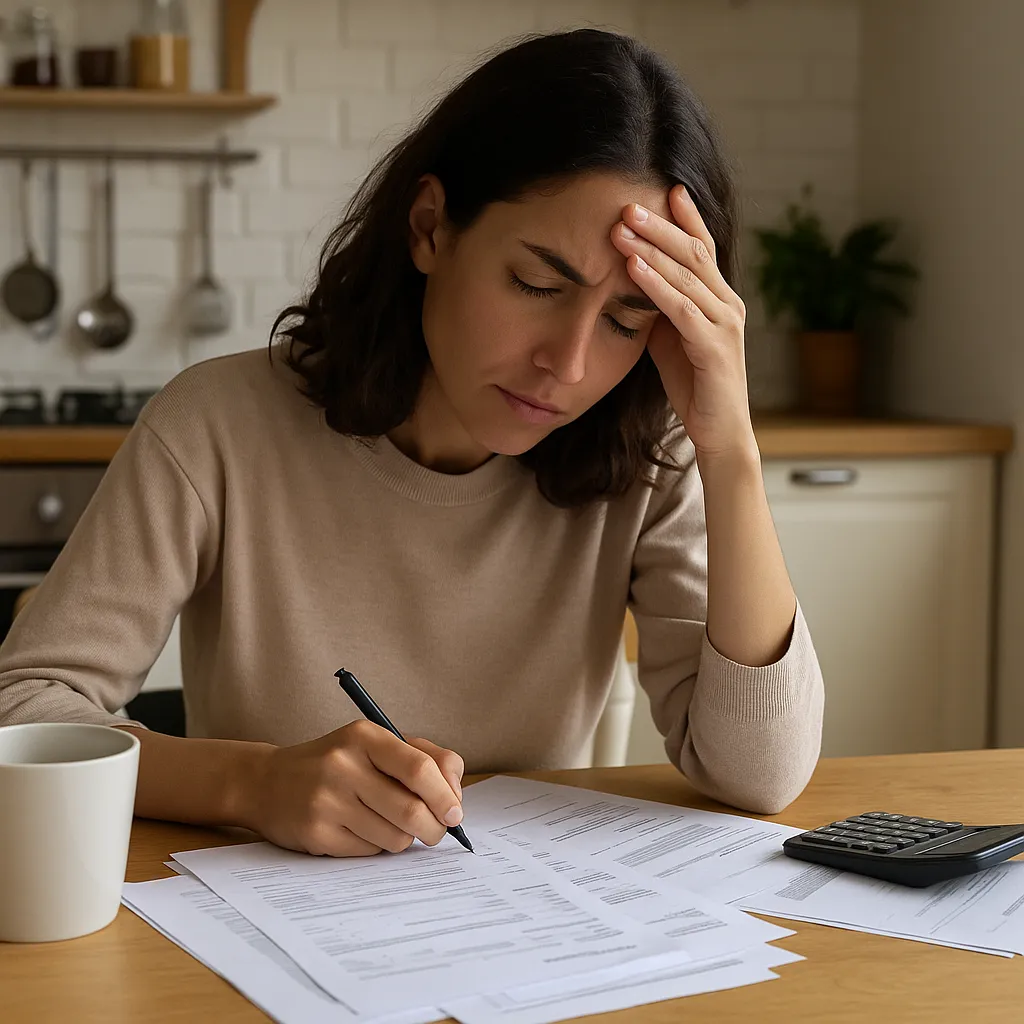 Iemand die aan de keukentafel financiële papieren bekijkt en zichtbaar stress ervaart