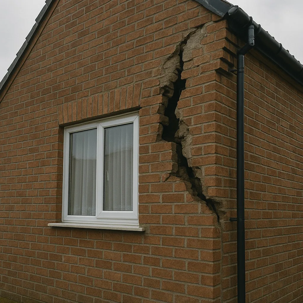 Loslatende gevel met scheuren en loszittende bakstenen