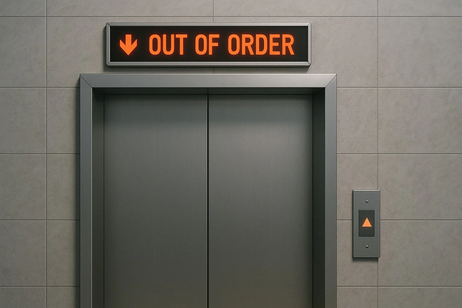 Lift die defect is en stil staat tussen twee verdiepingen