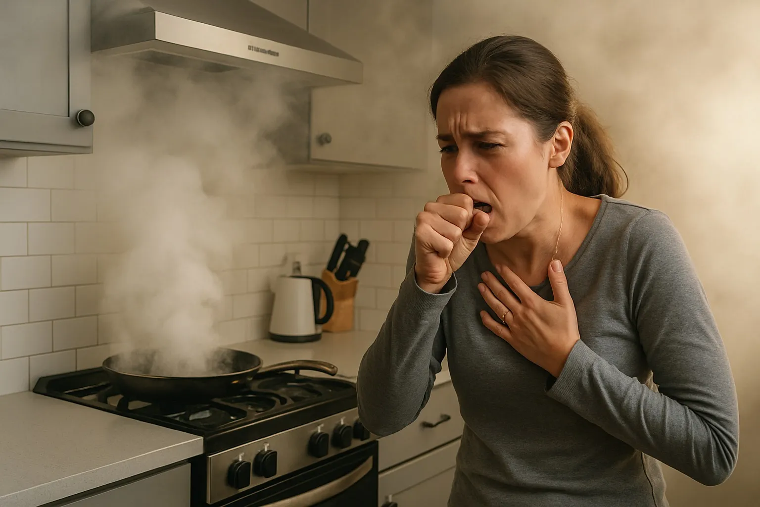 Keuken gevuld met rook of dampen tijdens een gevaarlijke situatie