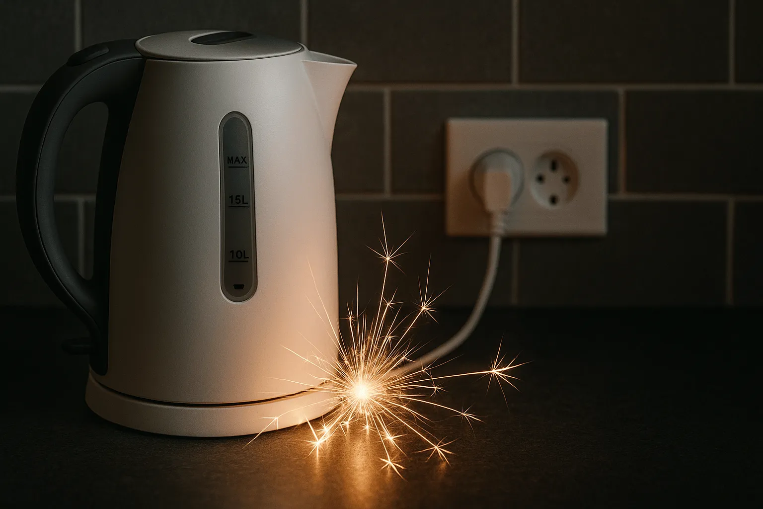 Waterkoker die vonkvorming veroorzaakt door een elektrisch defect