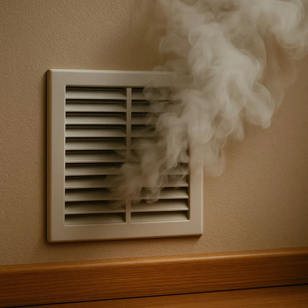 Rook die zichtbaar uit een ventilatierooster in een woning komt