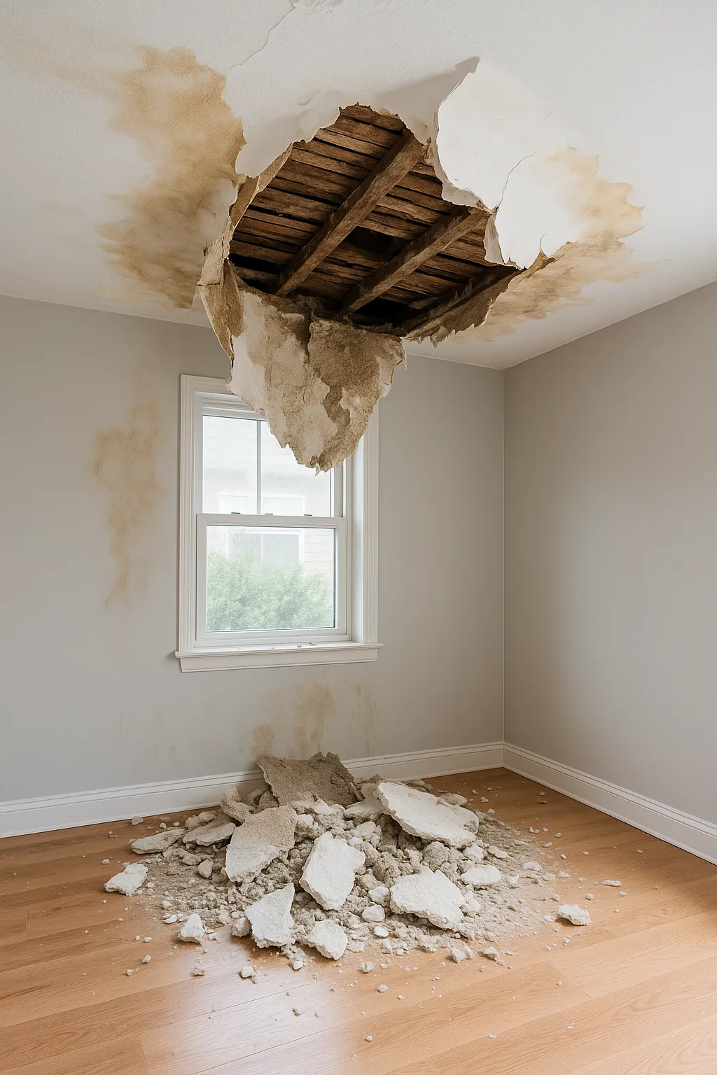Ingestort plafond met zichtbare lekkageschade in een woning