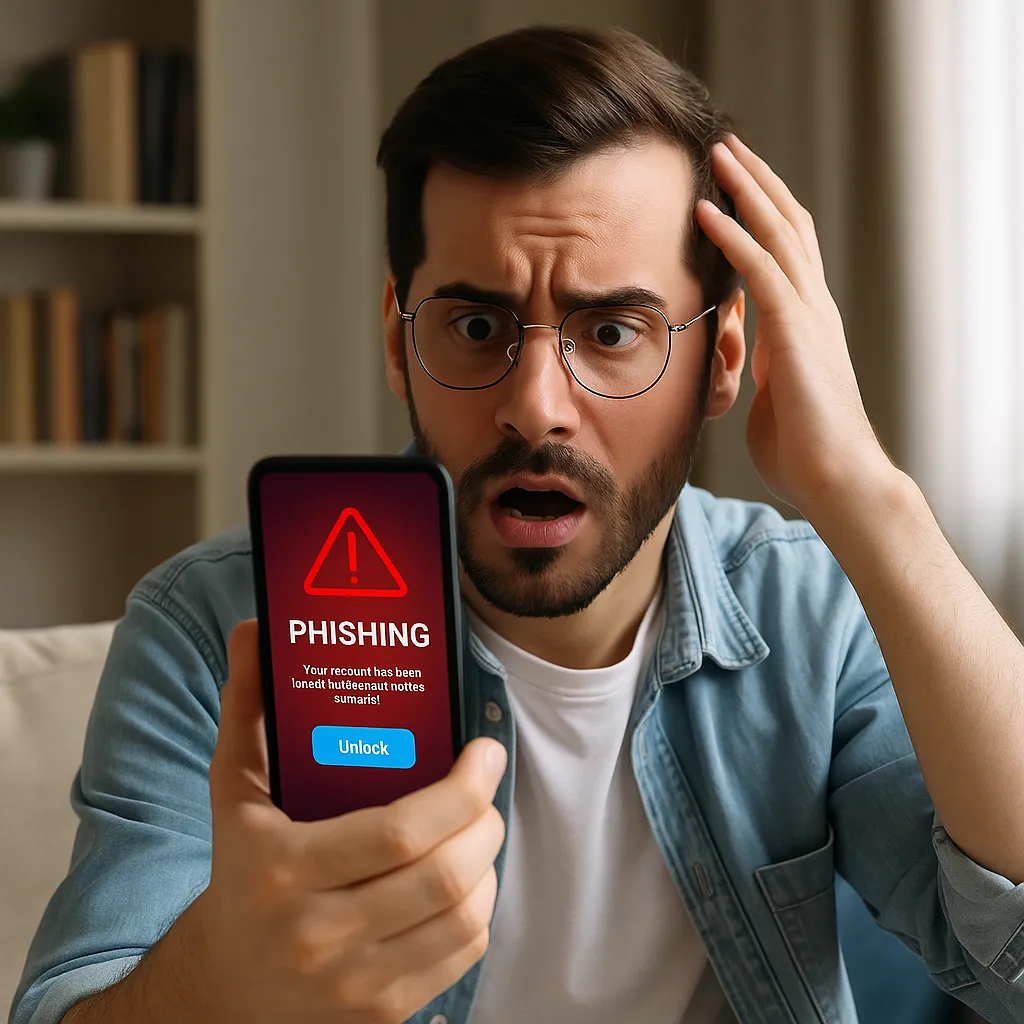 Iemand die op een telefoon een phishingbericht ziet en geschrokken reageert