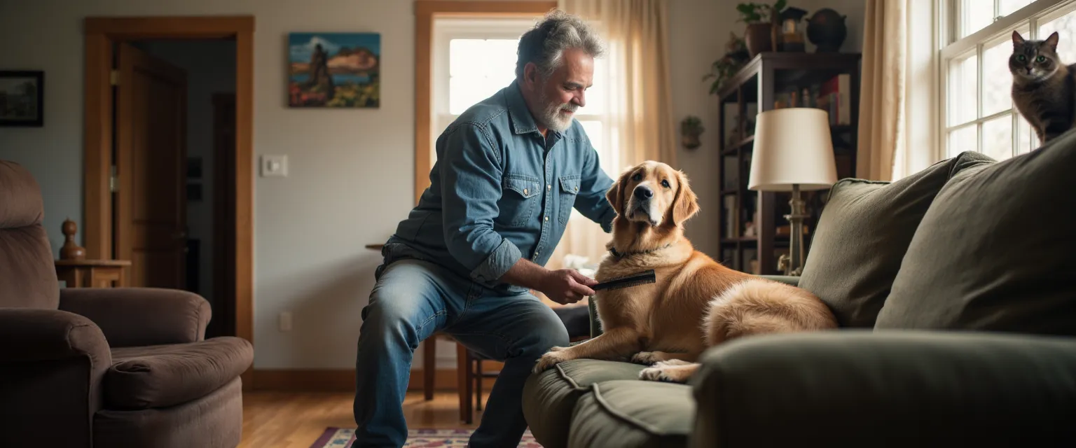 Een eigenaar die de vacht van zijn hond of kat controleert op vlooien