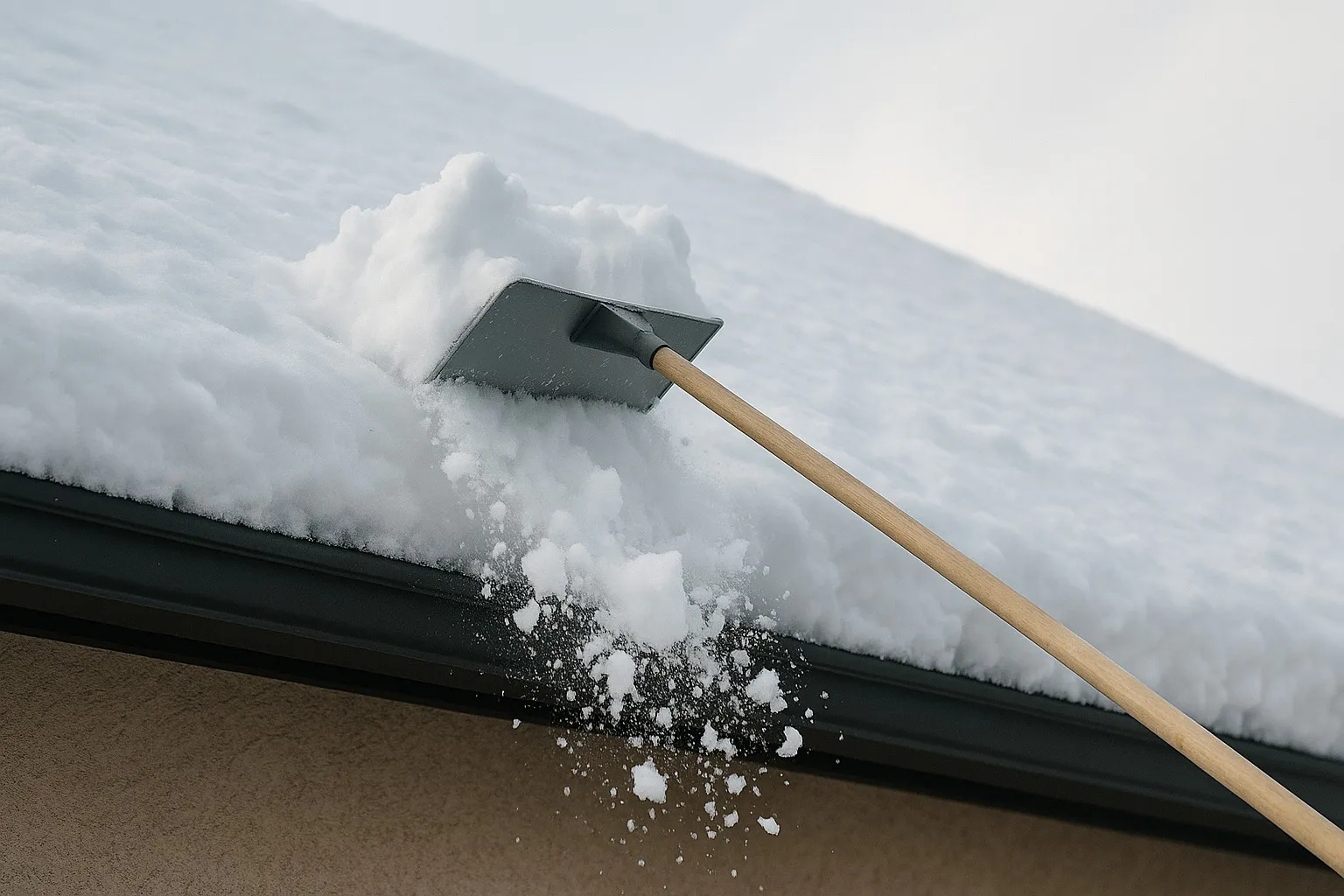 Een dak met een dikke laag sneeuw dat zwaar belast wordt tijdens hevige winterse omstandigheden