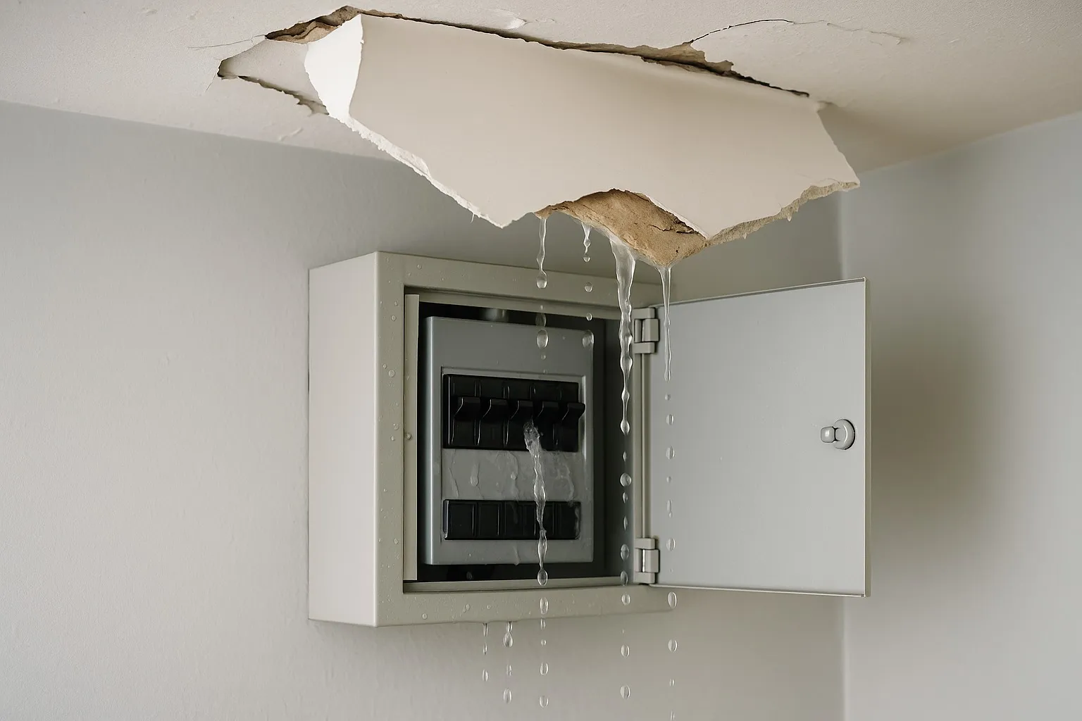 Waterdruppels in een groepenkast met elektrische schakelaars en bekabeling