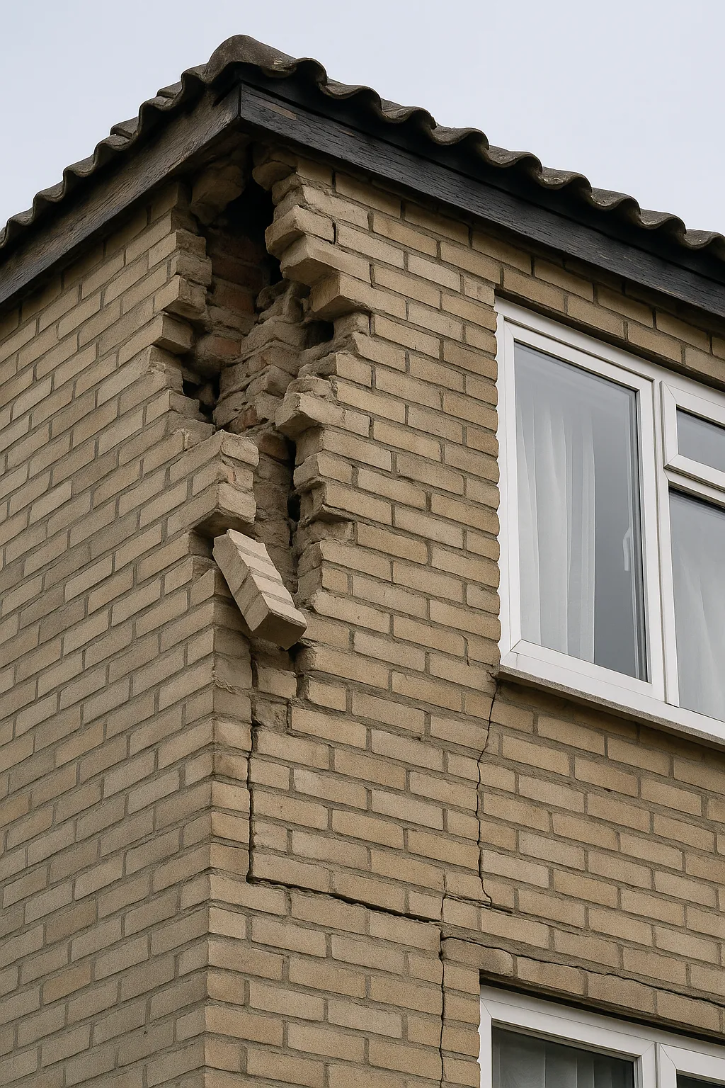 Loszittende stenen en beschadigde gevel met risico op vallend materiaal