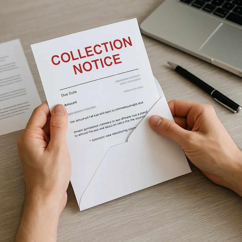 Iemand die een incassobrief of betalingsherinnering opent aan tafel