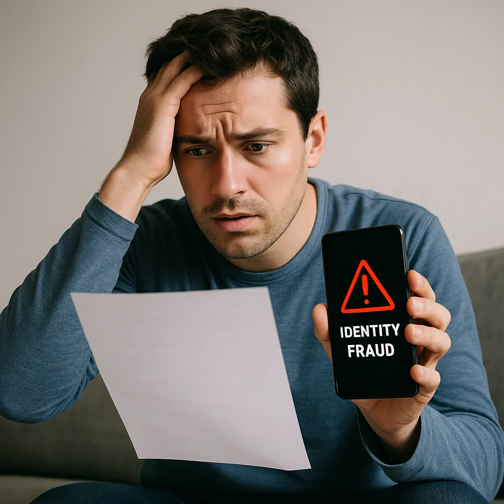 Een persoon die ongerust naar documenten of een melding over identiteitsfraude kijkt