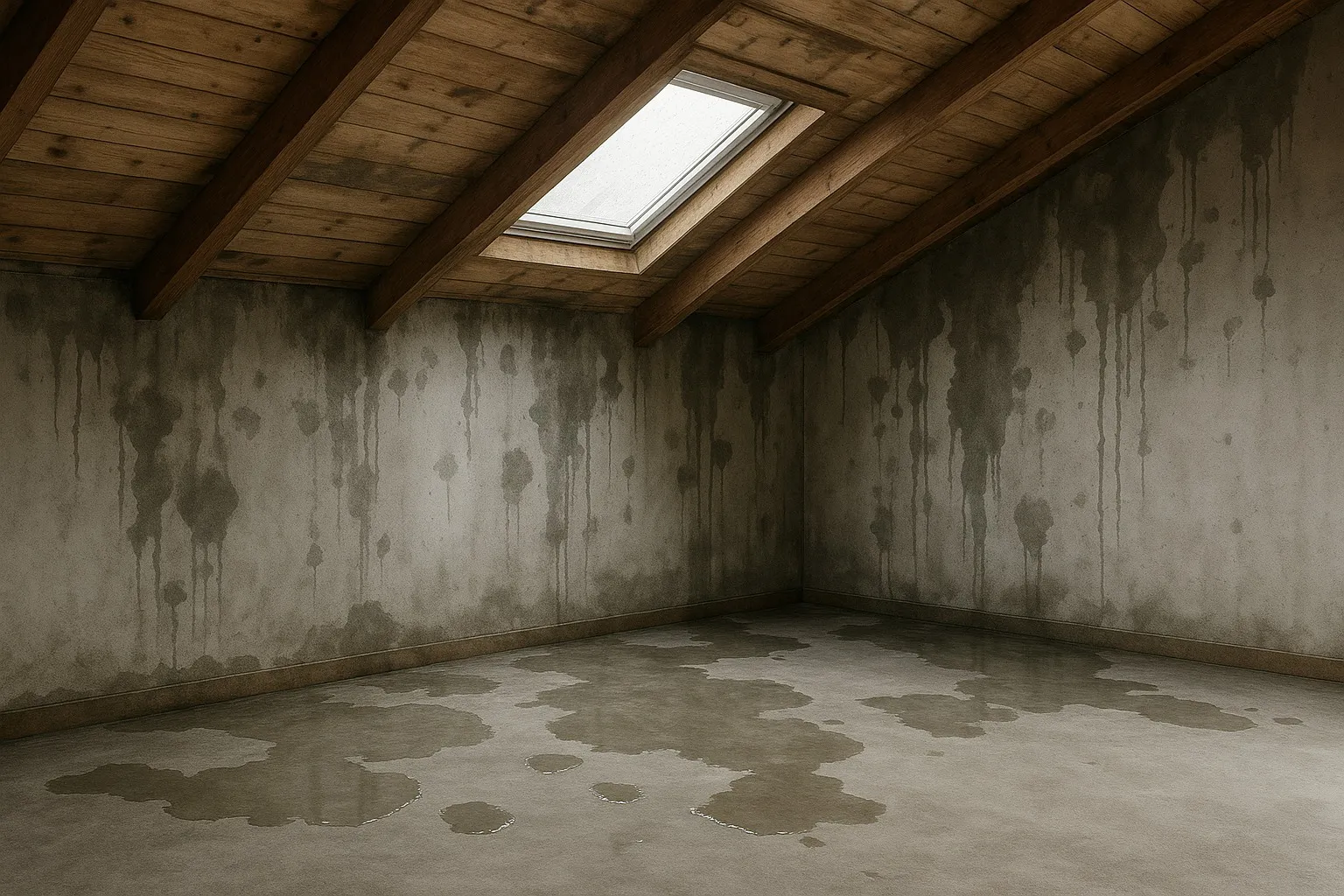 Een zolderruimte met natte plekken op de vloer en dakbeschot door een plotselinge lekkage