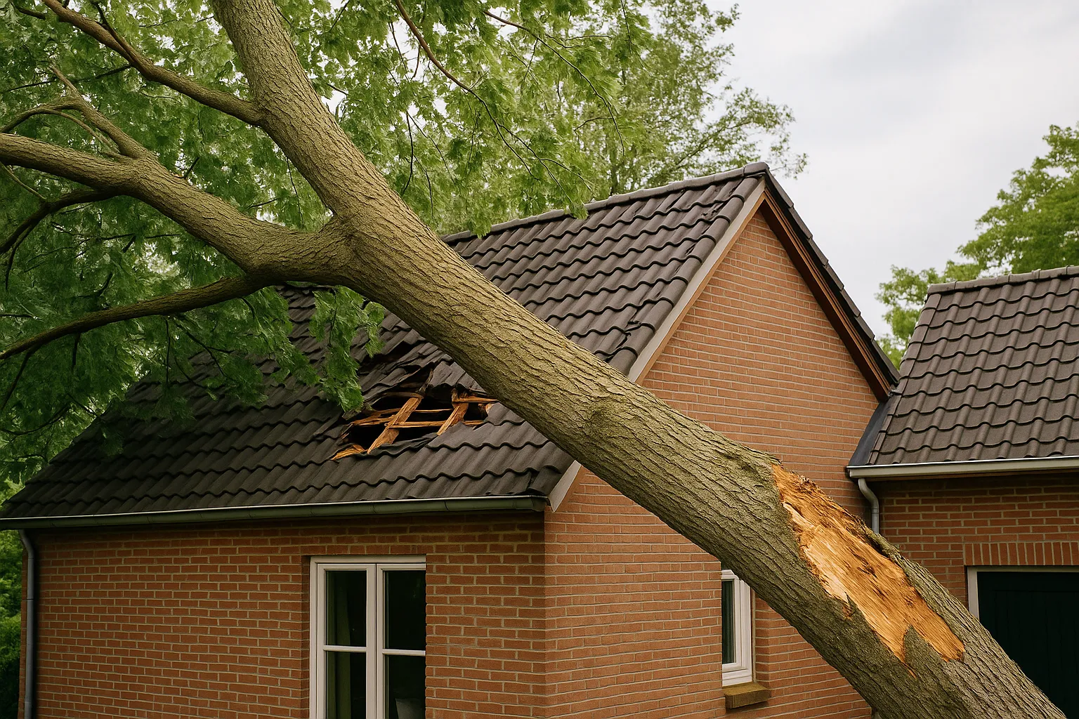 Omgevallen boom op een huis met zichtbare dakschade