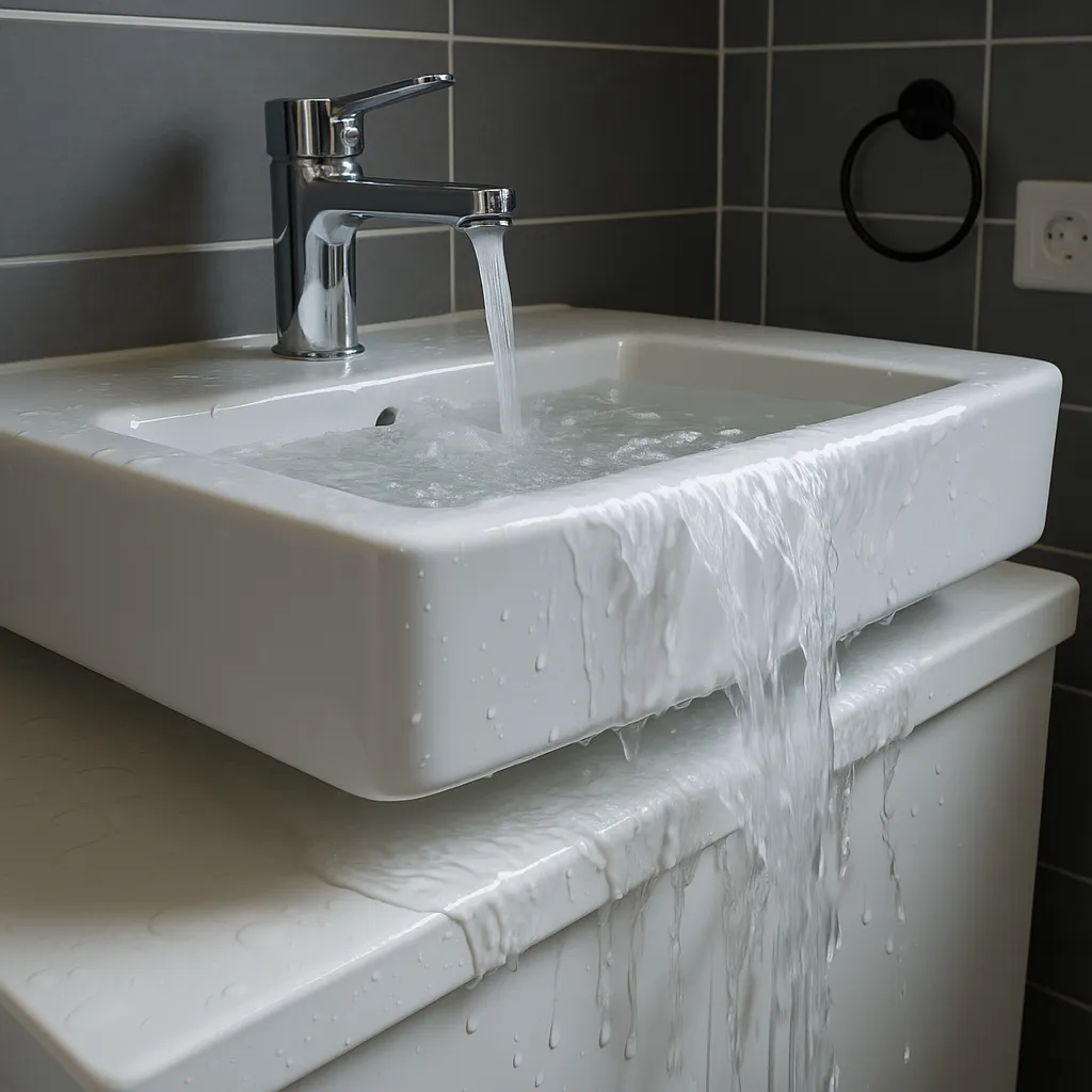 Overlopende afvoerbak met water dat over de rand stroomt in een keuken of badkamer