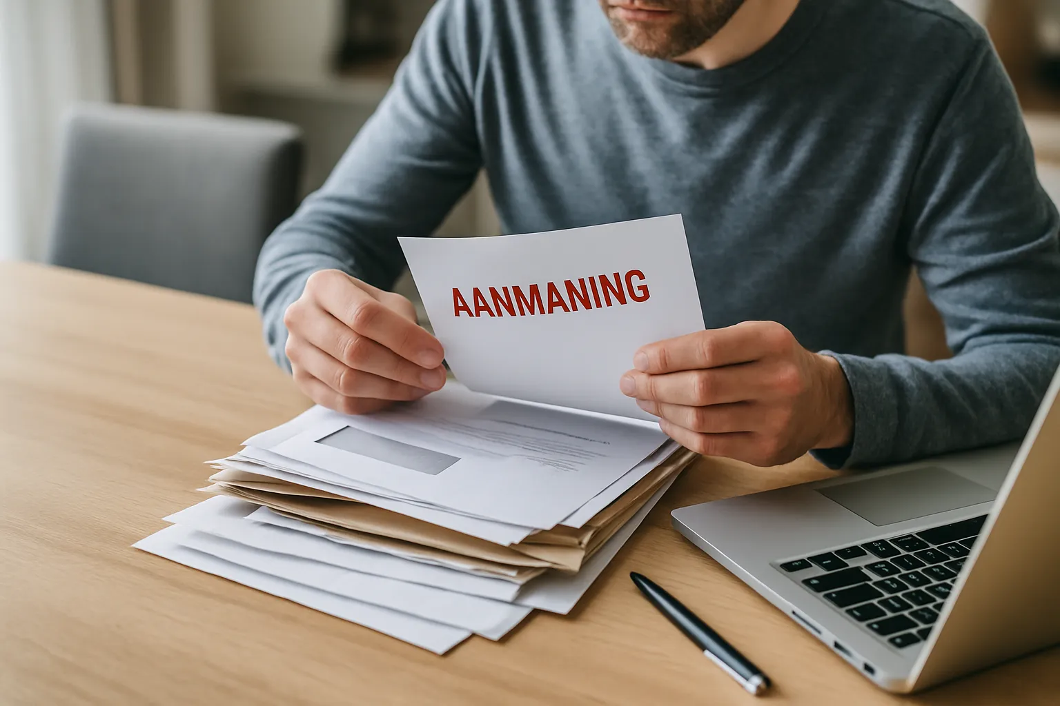 Iemand die een rekeningenstapel en een aanmaning bekijkt aan de eettafel