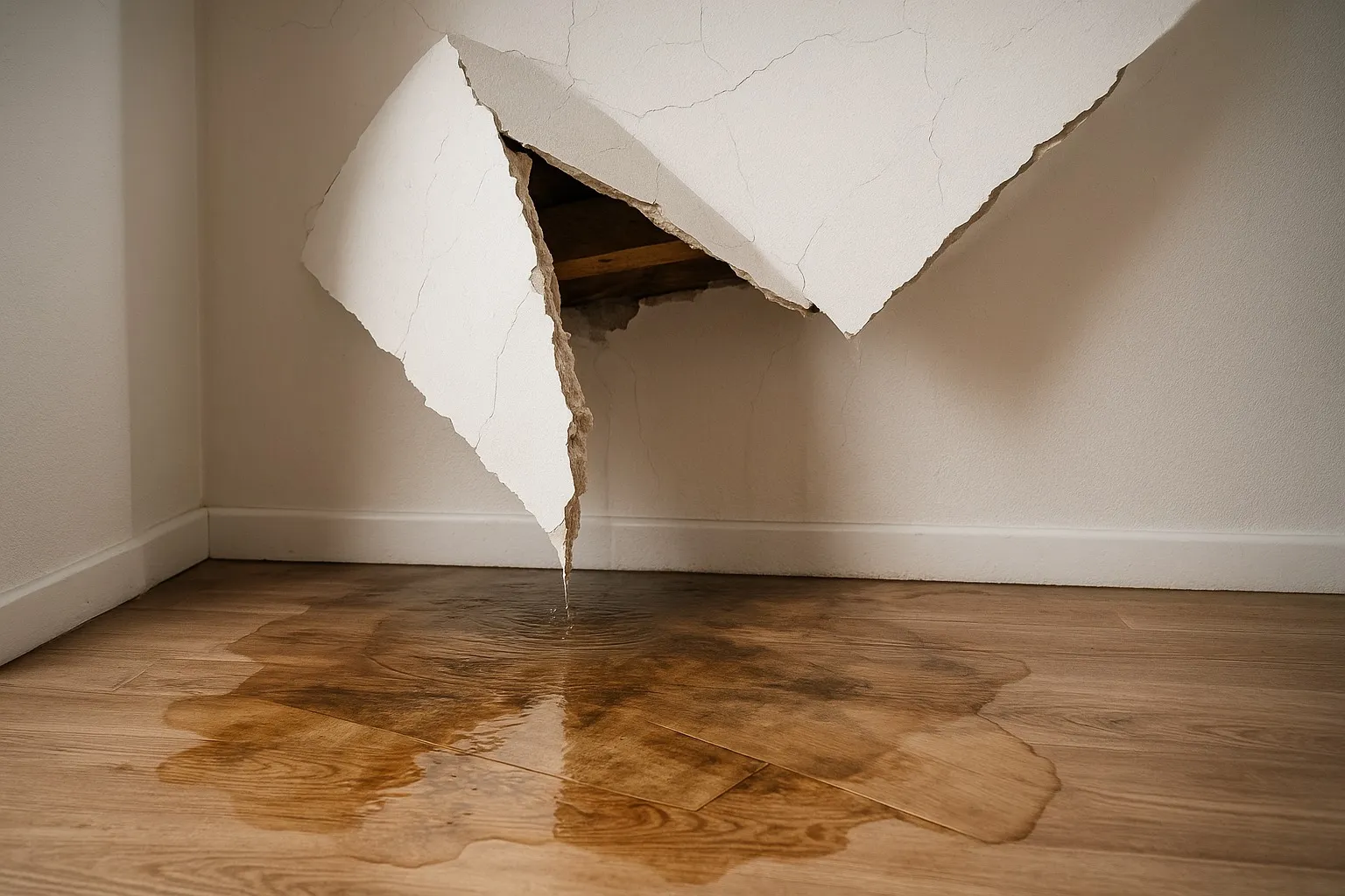 Een vloer die zichtbaar verzakt door vocht en lekkage in een woning