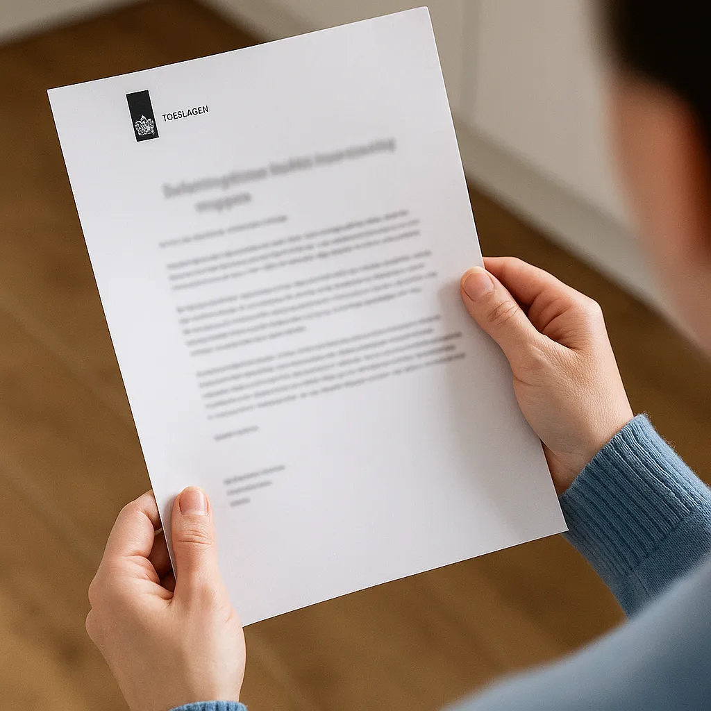 Iemand die een brief of digitaal bericht bekijkt over problemen met huurtoeslag