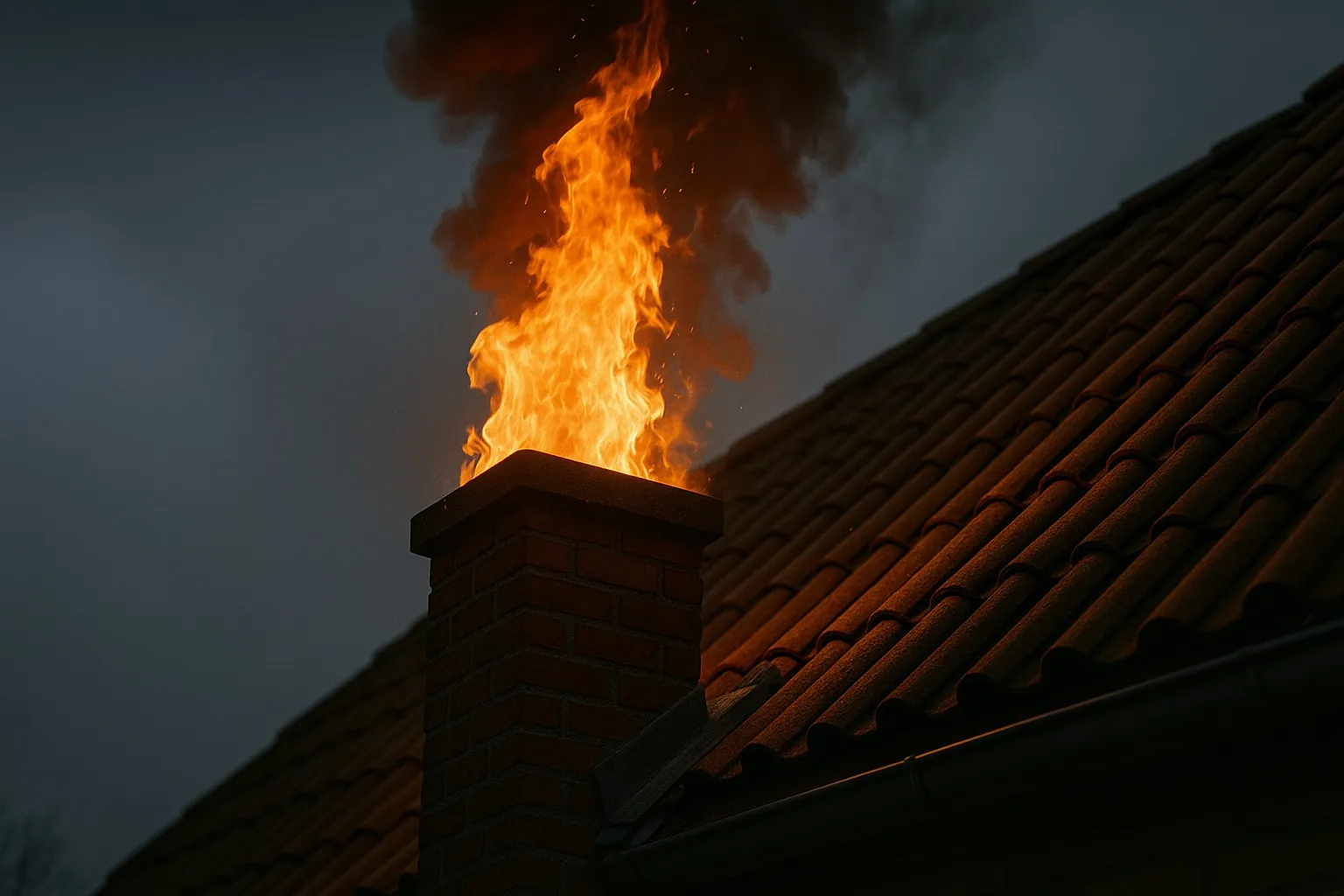 Schoorsteen waar rook en vonken uit komen door schoorsteenbrand