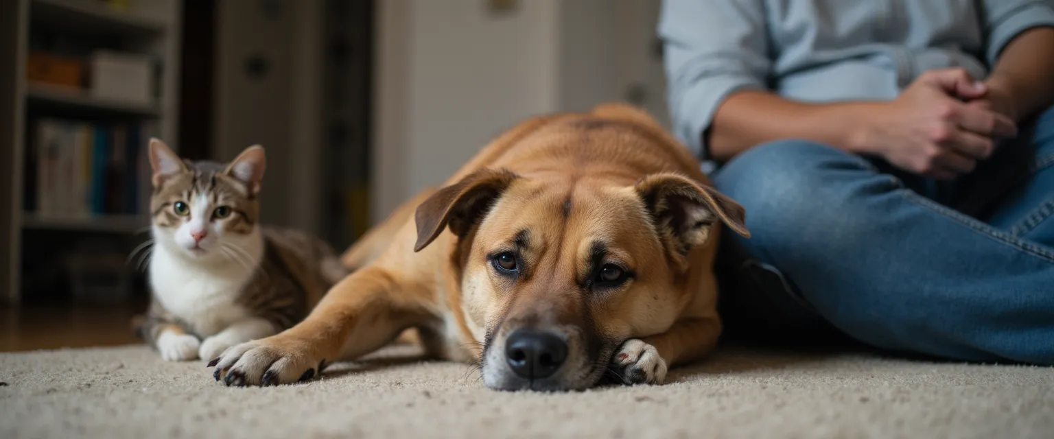 Een hond of kat die sloom oogt terwijl de eigenaar bezorgd naast hem zit