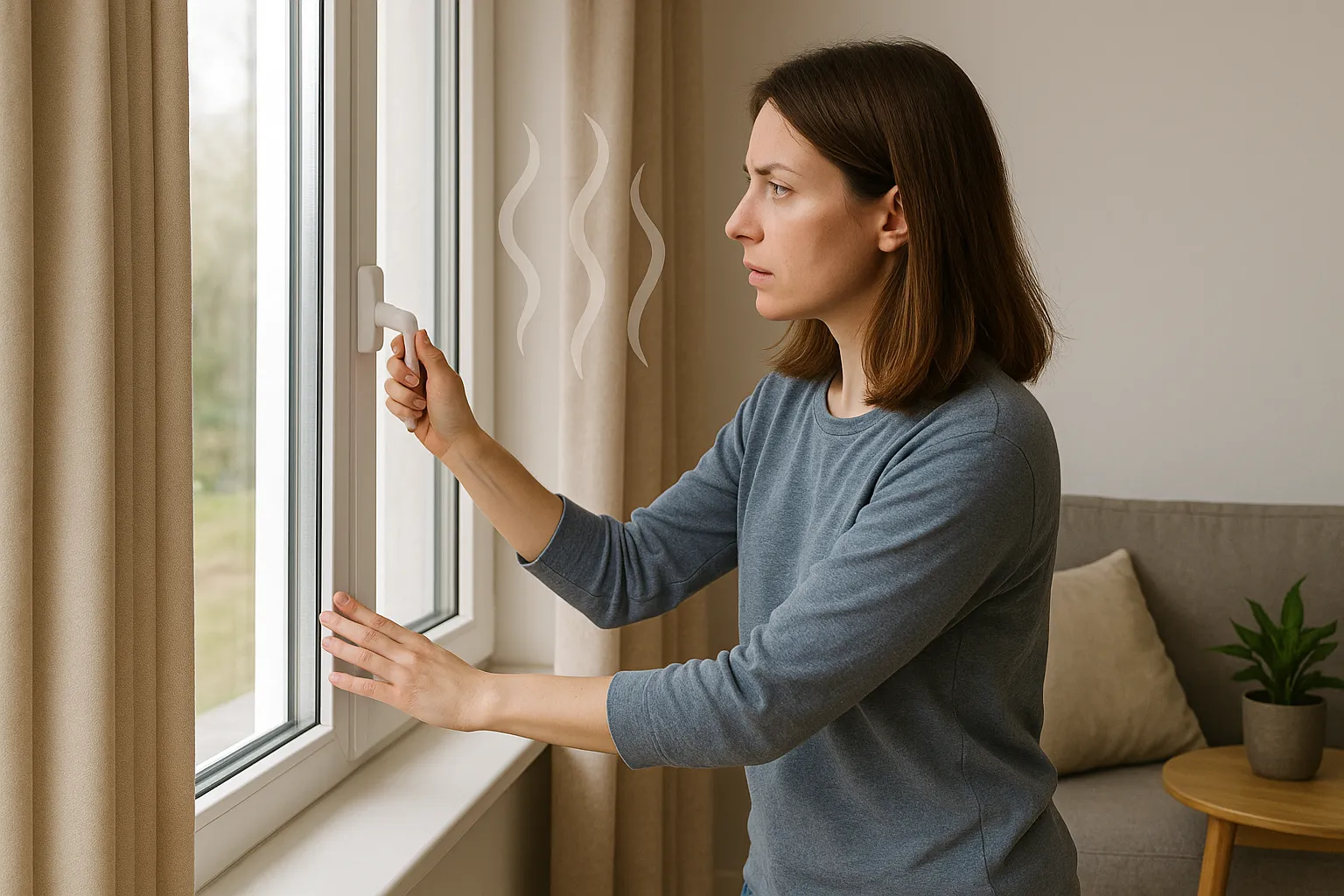 Iemand die voorzichtig een raam opent terwijl er gaslucht in huis hangt