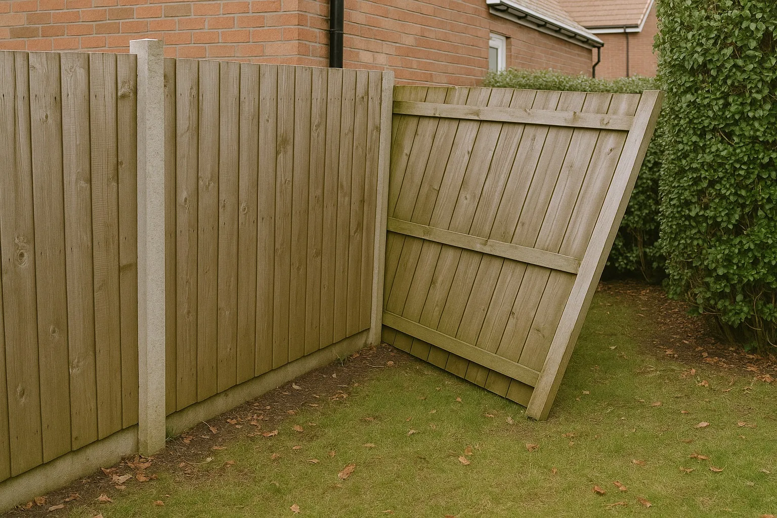 Een houten schutting die scheef hangt en dreigt om te vallen in een tuin