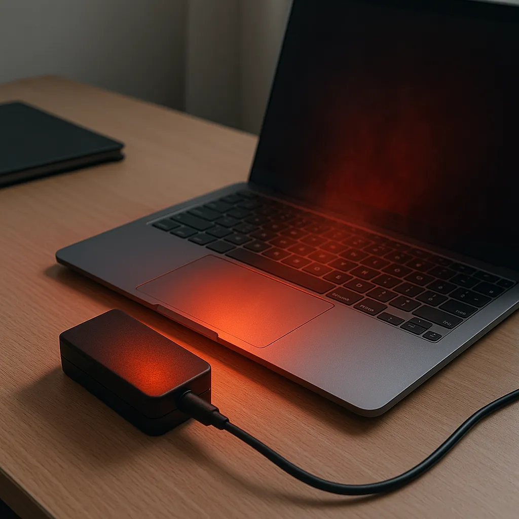 Oververhitte laptop en adapter op een bureau met zichtbaar warme luchtstroom